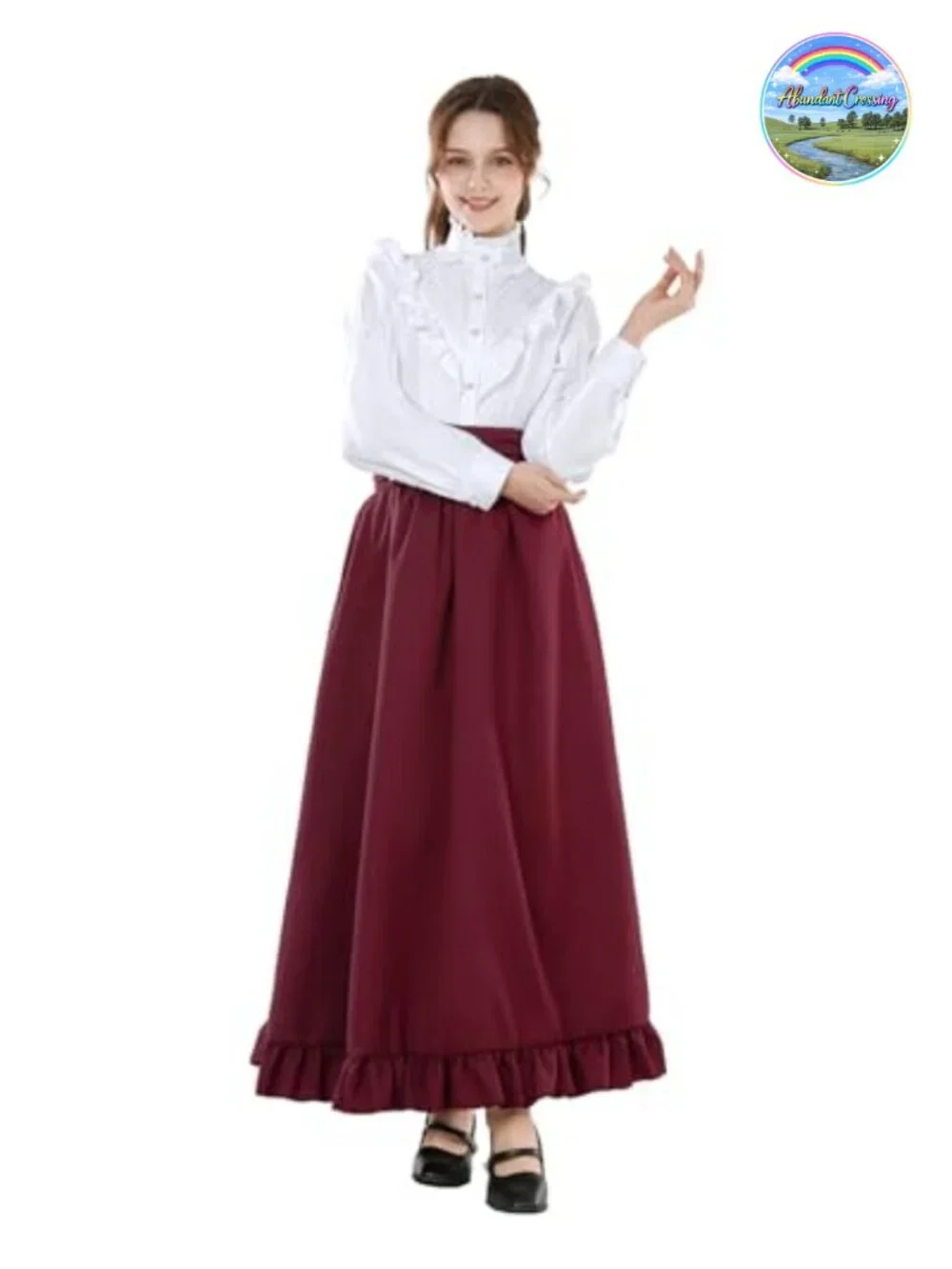 Victorian 2-Piece Dress Set Ruffled Ball Gown Blouse Skirt Belt Costume